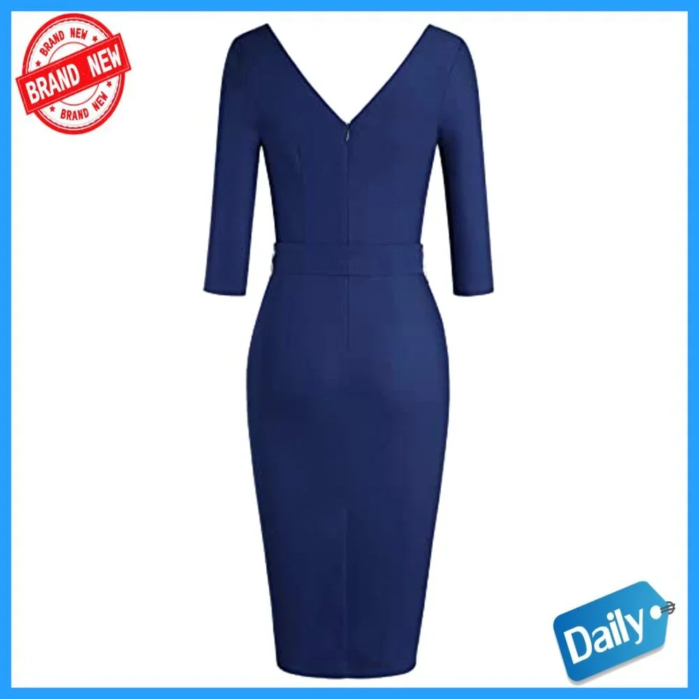 Vintage Faux Wrap V Neck 3/4 Sleeve Formal Classic Party Work Dress with Belt - Picture 6 of 7